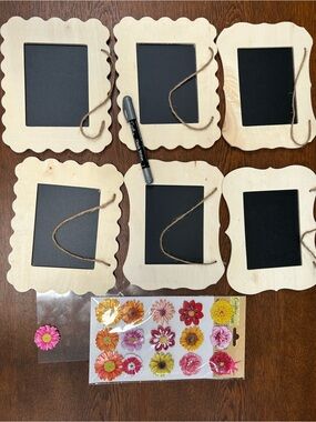 6 Wood Chalkboard Photo Frames w/Jute Hanger,1 sheet flowers,1 chalk writer pen.